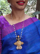 Antique polish blue kundan pendant with pearls mala-Silver Neckpiece-pl-House of Taamara