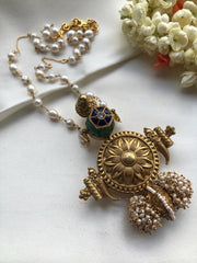 Antique polish blue kundan pendant with pearls mala-Silver Neckpiece-pl-House of Taamara