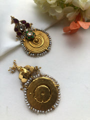Antique polish earrings with ruby kundan & green stones-Earrings-PL-House of Taamara
