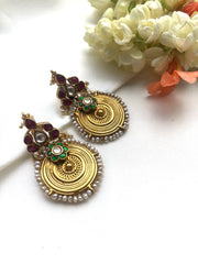 Antique polish earrings with ruby kundan & green stones-Earrings-PL-House of Taamara