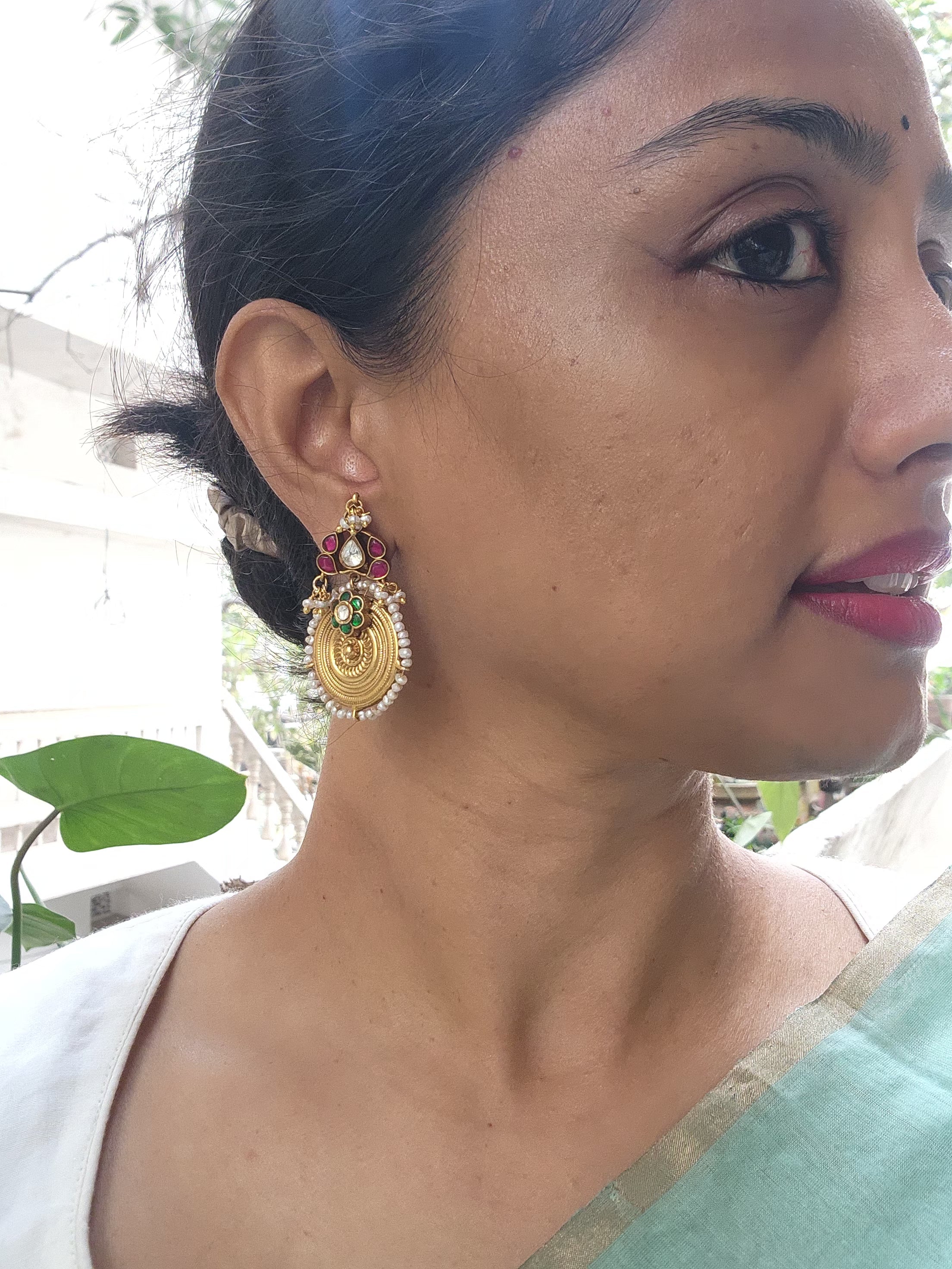 Antique polish earrings with ruby kundan & green stones-Earrings-PL-House of Taamara