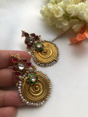 Antique polish earrings with ruby kundan & green stones-Earrings-PL-House of Taamara