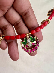 Antique polish kundan, ruby & emerald pendant with coral beads hasli-Silver Neckpiece-CI-House of Taamara