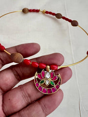 Antique polish kundan, ruby & emerald pendant with coral beads hasli-Silver Neckpiece-CI-House of Taamara