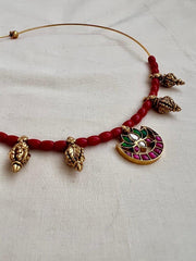 Antique polish kundan, ruby & emerald pendant with coral beads hasli-Silver Neckpiece-CI-House of Taamara