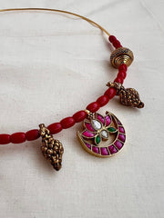 Antique polish kundan, ruby & emerald pendant with coral beads hasli-Silver Neckpiece-CI-House of Taamara