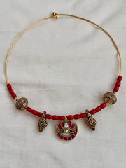 Antique polish kundan, ruby & emerald pendant with coral beads hasli-Silver Neckpiece-CI-House of Taamara