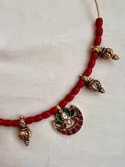 Antique polish kundan, ruby & emerald pendant with coral beads hasli-Silver Neckpiece-CI-House of Taamara