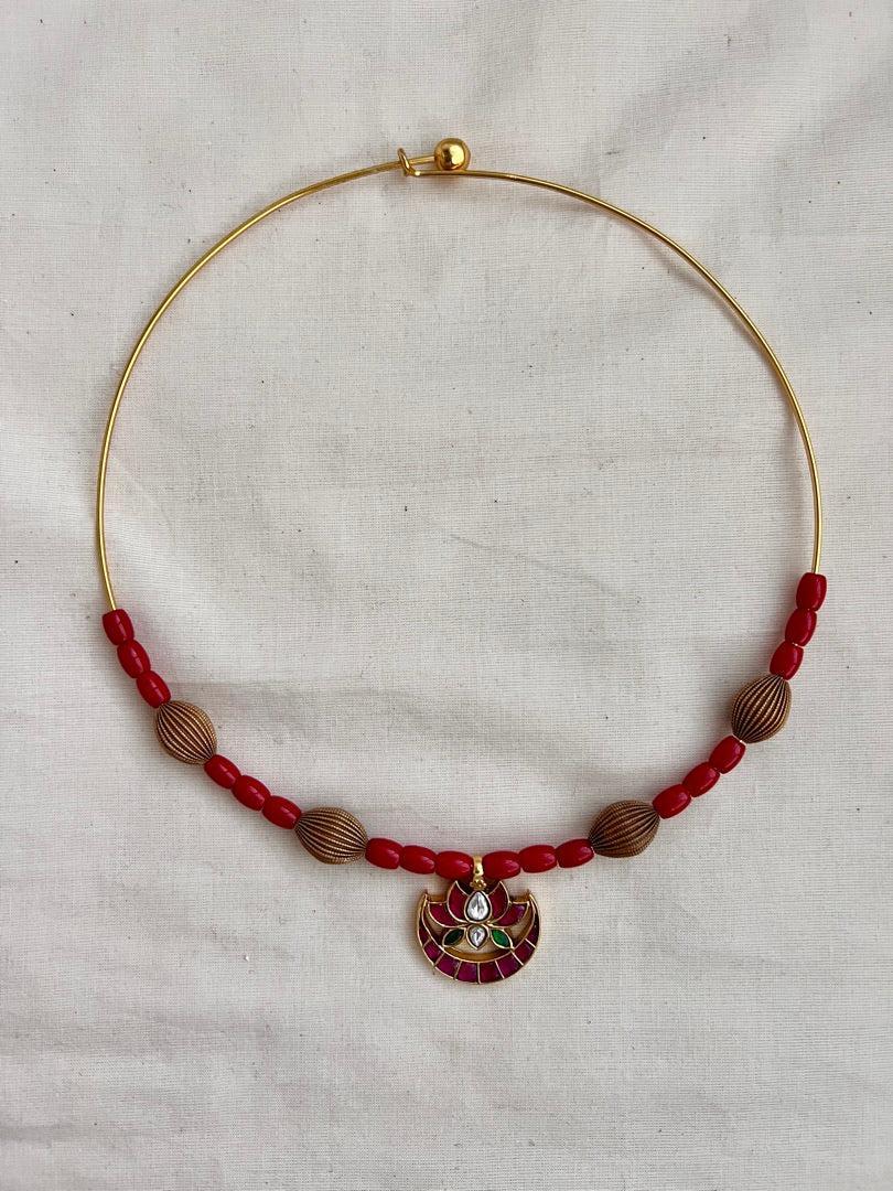 Antique polish kundan, ruby & emerald pendant with coral beads hasli-Silver Neckpiece-CI-House of Taamara