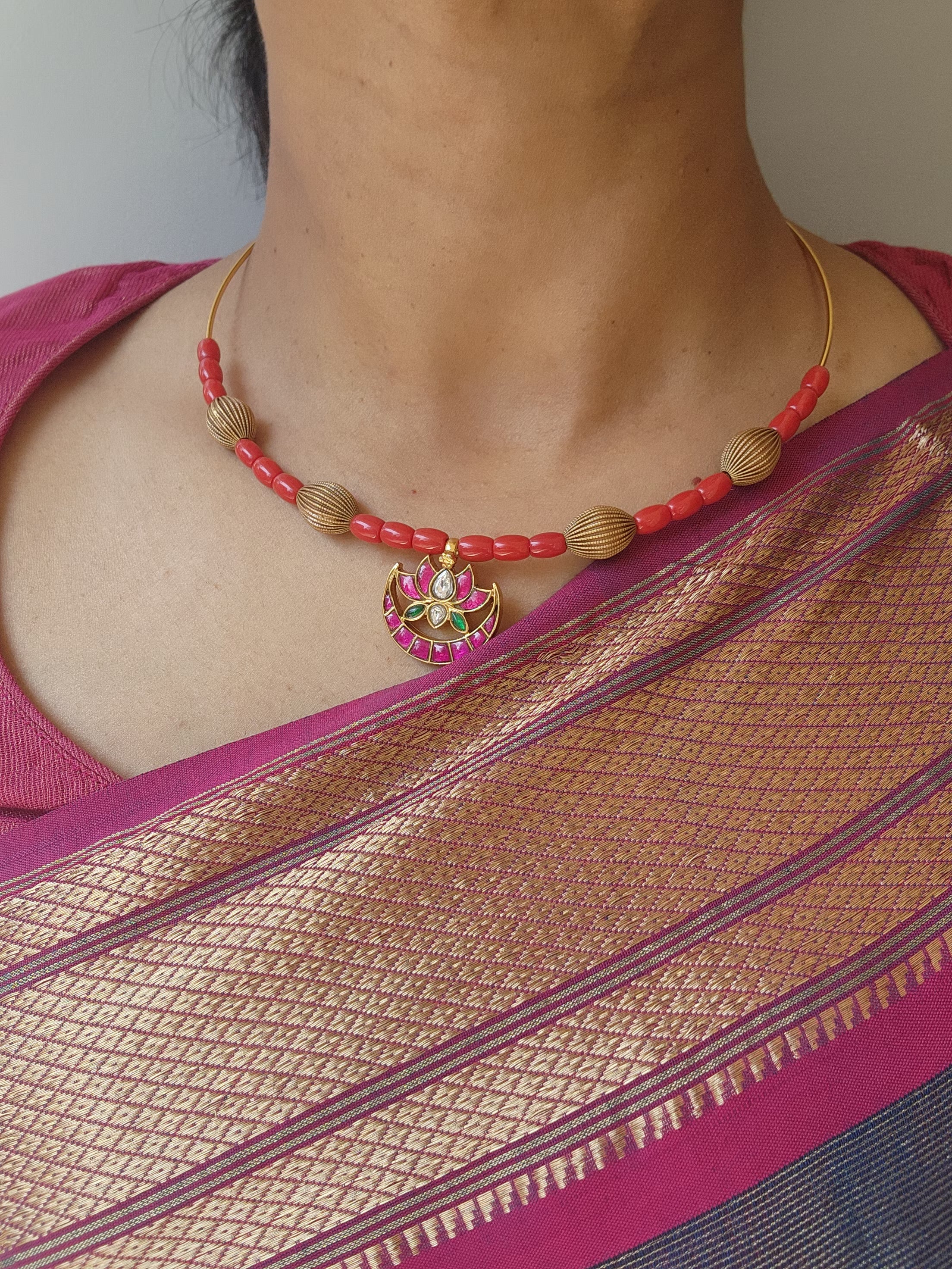 Antique polish kundan, ruby & emerald pendant with coral beads hasli-Silver Neckpiece-CI-House of Taamara
