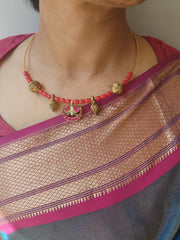 Antique polish kundan, ruby & emerald pendant with coral beads hasli-Silver Neckpiece-CI-House of Taamara