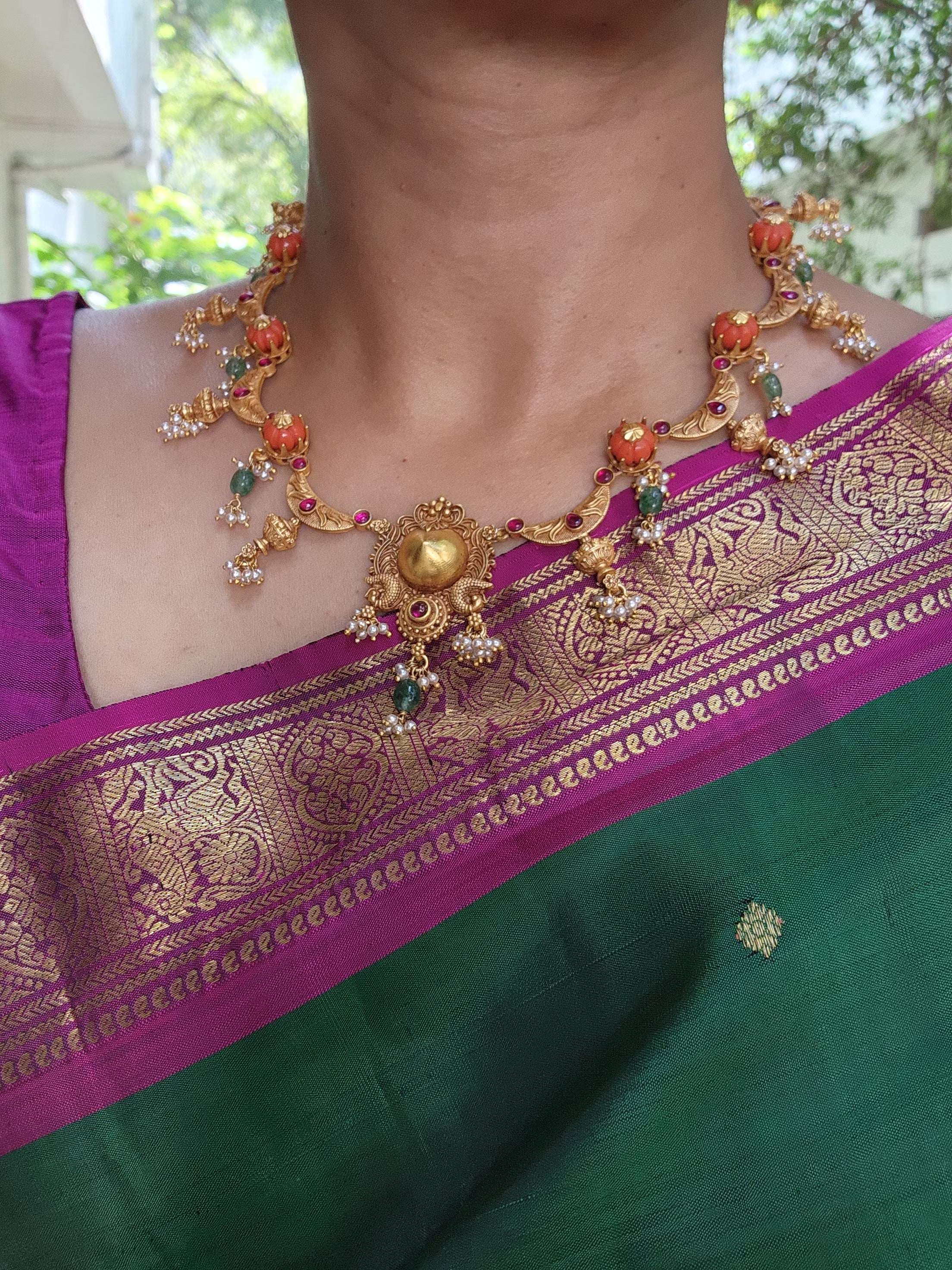 Antique polish necklace with coral and pearls bunch-Silver Neckpiece-PL-House of Taamara