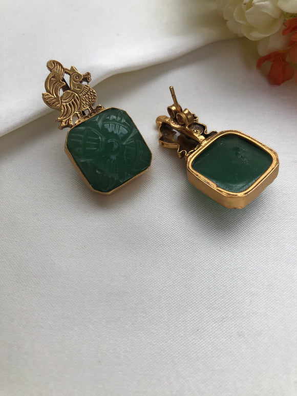 Antique polish peacock earrings with a natural carved green stone-Earrings-PL-House of Taamara