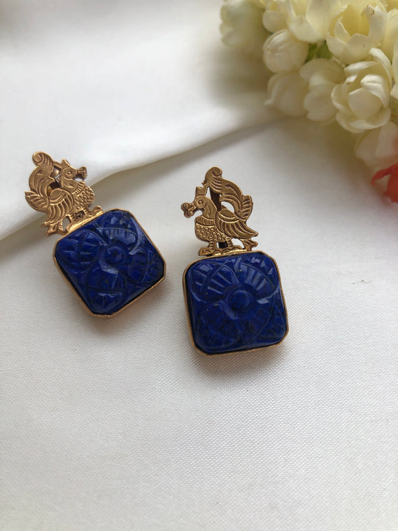 Antique polish peacock earrings with carved natural lapis stone-Earrings-PL-House of Taamara