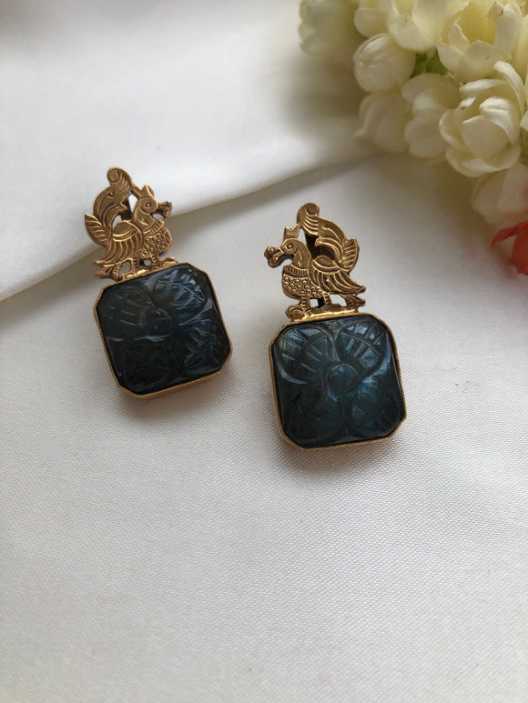 Antique polish peacock with grey carved onyx stone-Earrings-PL-House of Taamara