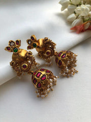 Antique style Ruby kundan jhumkas-Earrings-PL-House of Taamara