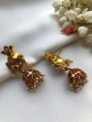 Antique style Ruby kundan jhumkas-Earrings-PL-House of Taamara
