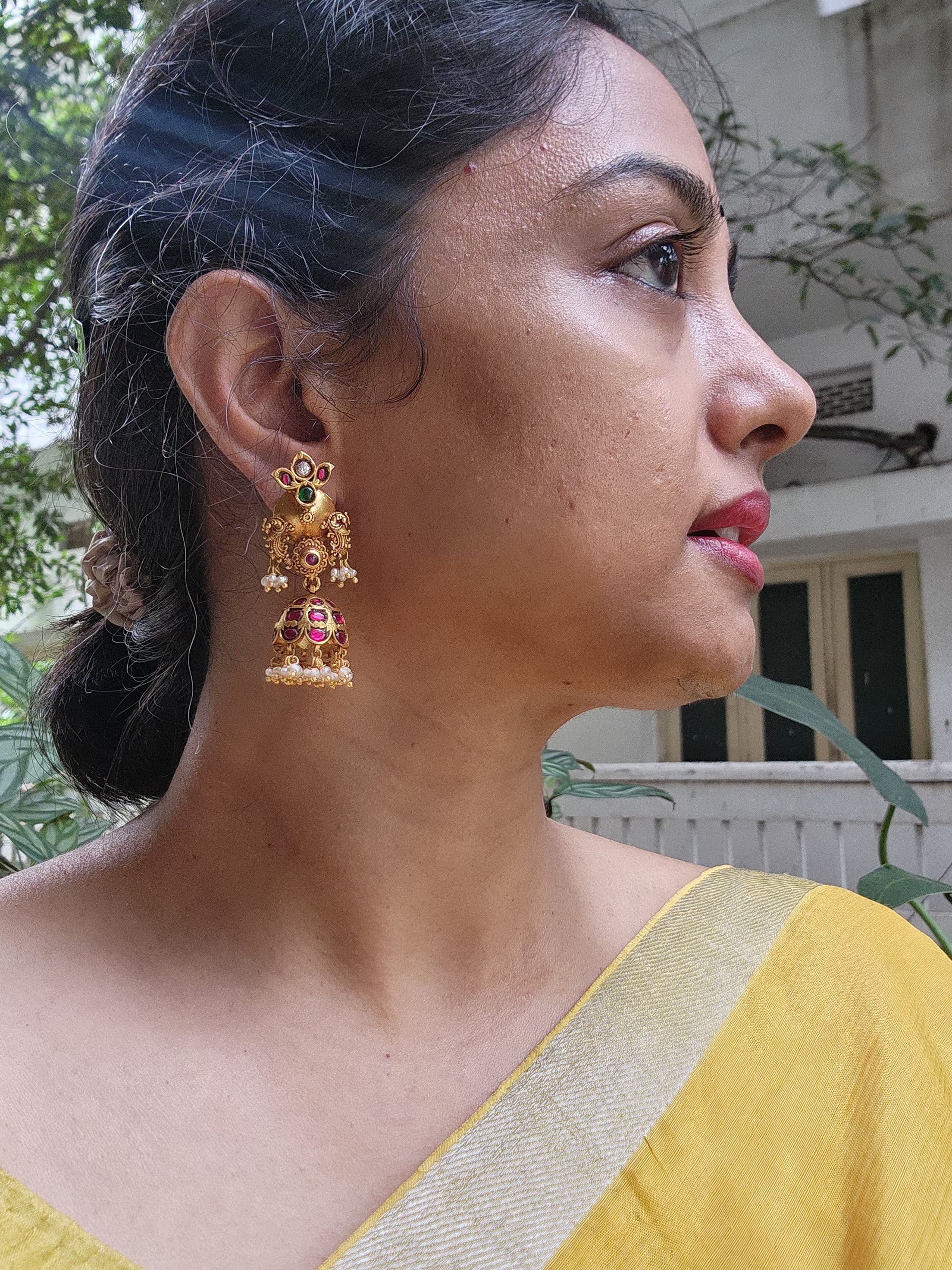 Antique style Ruby kundan jhumkas-Earrings-PL-House of Taamara