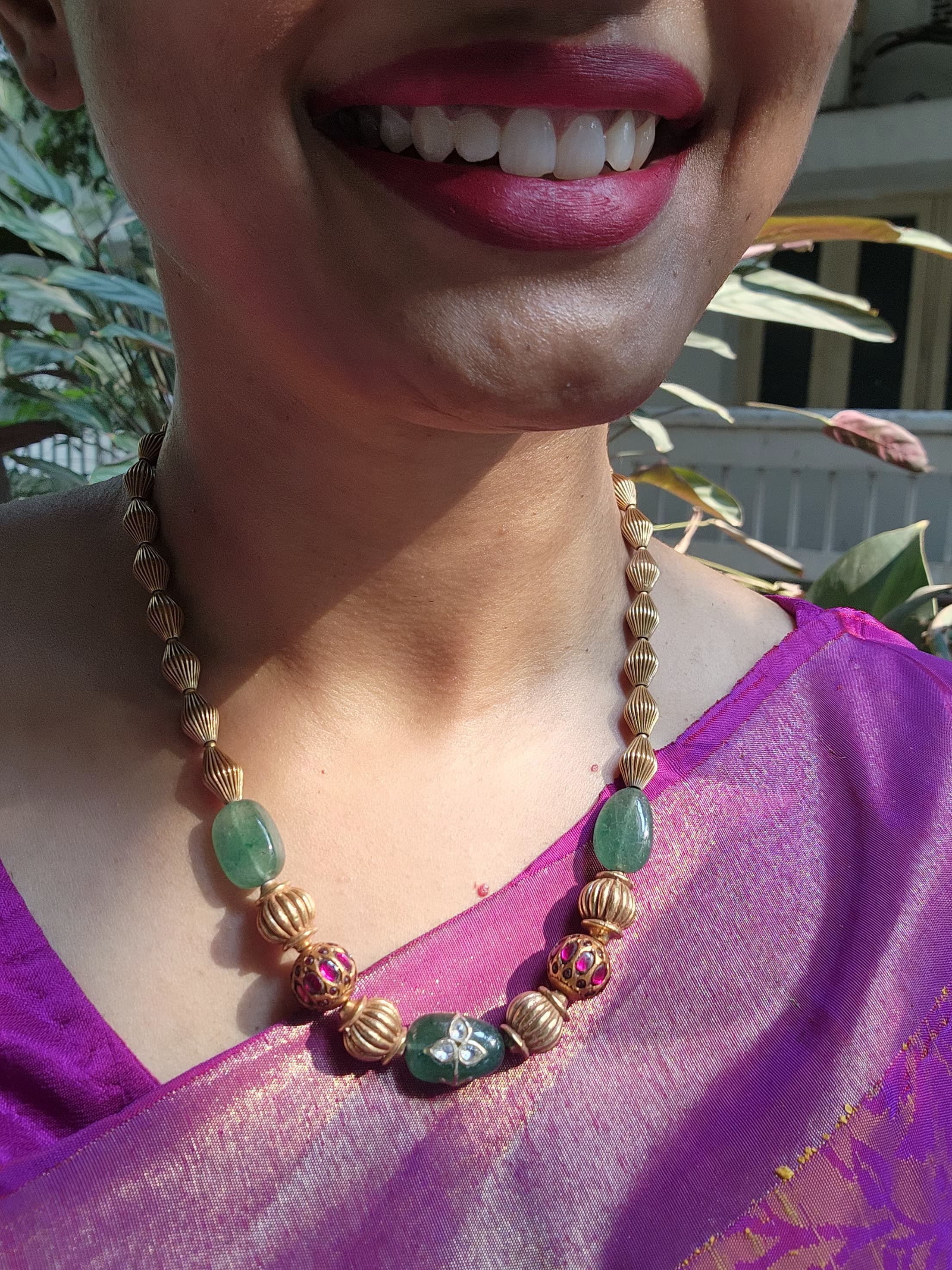 Antique style beads with kundan & green onyx inlay work necklace-Silver Neckpiece-PL-House of Taamara