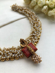 Antique style bunch pearls necklace with coral pendant-Silver Neckpiece-pl-House of Taamara