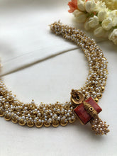 Antique style bunch pearls necklace with coral pendant-Silver Neckpiece-pl-House of Taamara