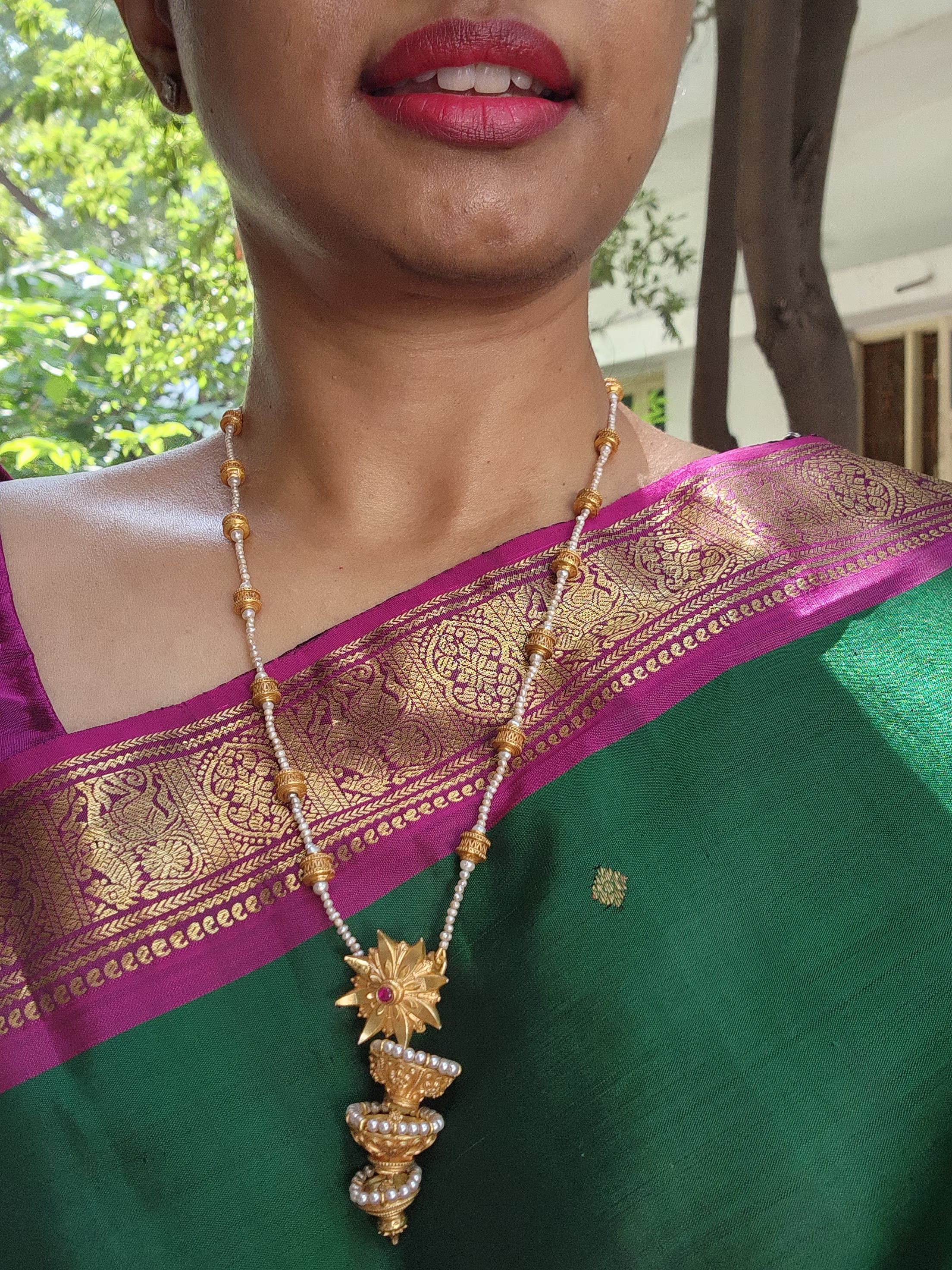 Antique style flower jhumka pendant with pearls chain-Silver Neckpiece-PL-House of Taamara