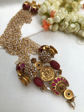 Antique style kasu & kundan jhumkas pendant with pearls bunch necklace-Silver Neckpiece-pl-House of Taamara
