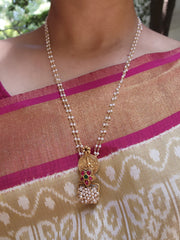Antique style kasu pendant with kundan & pearls bunch-Silver Neckpiece-pl-House of Taamara