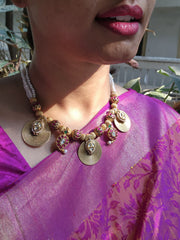 Antique style kundan beads with paisley round pendant with pearls necklace-Silver Neckpiece-PL-House of Taamara