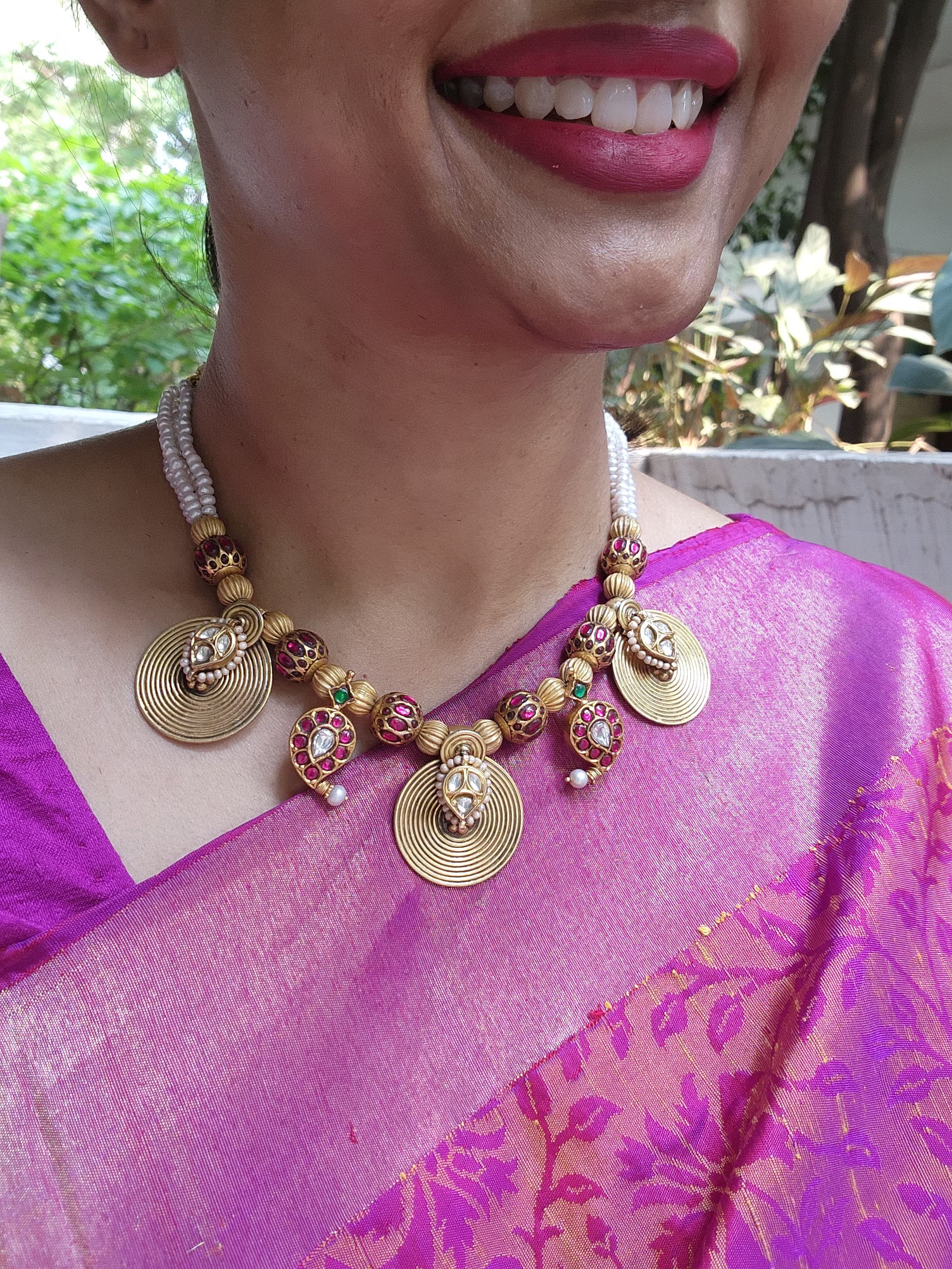 Antique style kundan beads with paisley round pendant with pearls necklace-Silver Neckpiece-PL-House of Taamara