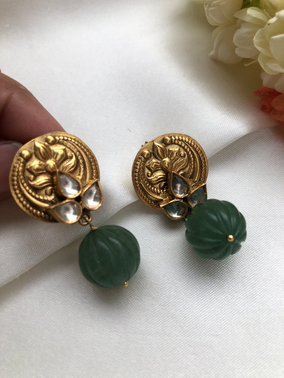 Antique style kundan earrings with green pumpkin bead-Earrings-PL-House of Taamara