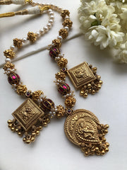 Antique style kundan necklace with pearls & antique beads-Silver Neckpiece-PL-House of Taamara