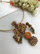 Antique style kundan, peacock and coral pendant with hasli-Silver Neckpiece-pl-House of Taamara