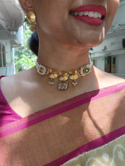 Antique style necklace with pearls patti mala-Silver Neckpiece-pl-House of Taamara