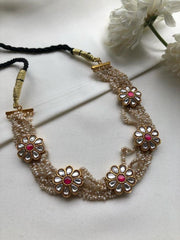 Antique style pearls Kundan flower choker-Silver Neckpiece-PL-House of Taamara