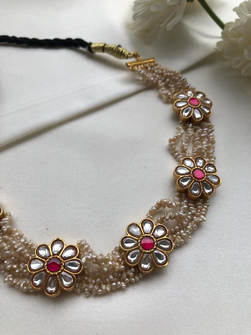 Antique style pearls Kundan flower choker-Silver Neckpiece-PL-House of Taamara