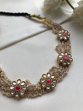 Antique style pearls Kundan flower choker-Silver Neckpiece-PL-House of Taamara