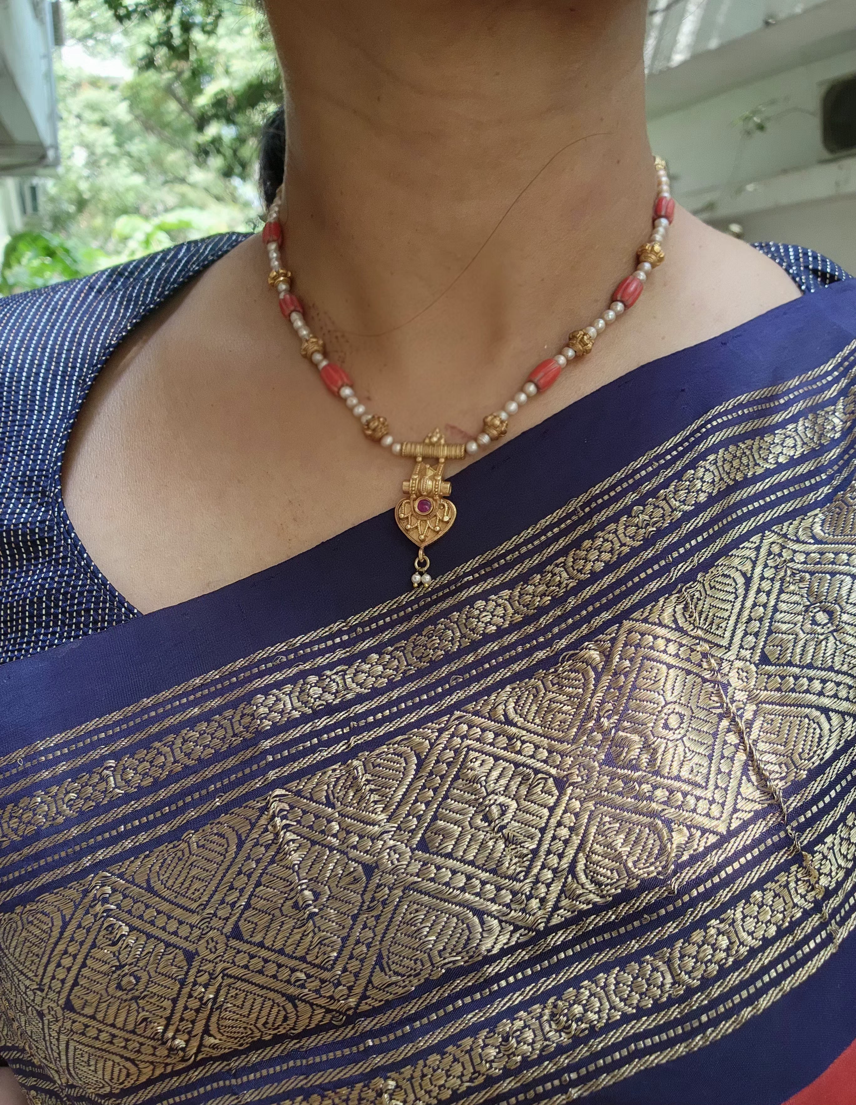 Antique style pearls mala with coral-Silver Neckpiece-PL-House of Taamara