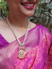 Antique style pearls necklace with kundan pendant-Silver Neckpiece-PL-House of Taamara