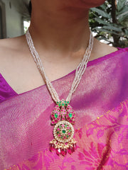 Antique style pearls necklace with kundan pendant-Silver Neckpiece-PL-House of Taamara