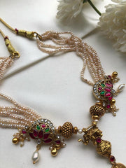 Antique style pearls with Kundan lotus and beads necklace-Silver Neckpiece-PL-House of Taamara