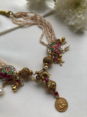 Antique style pearls with Kundan lotus and beads necklace-Silver Neckpiece-PL-House of Taamara