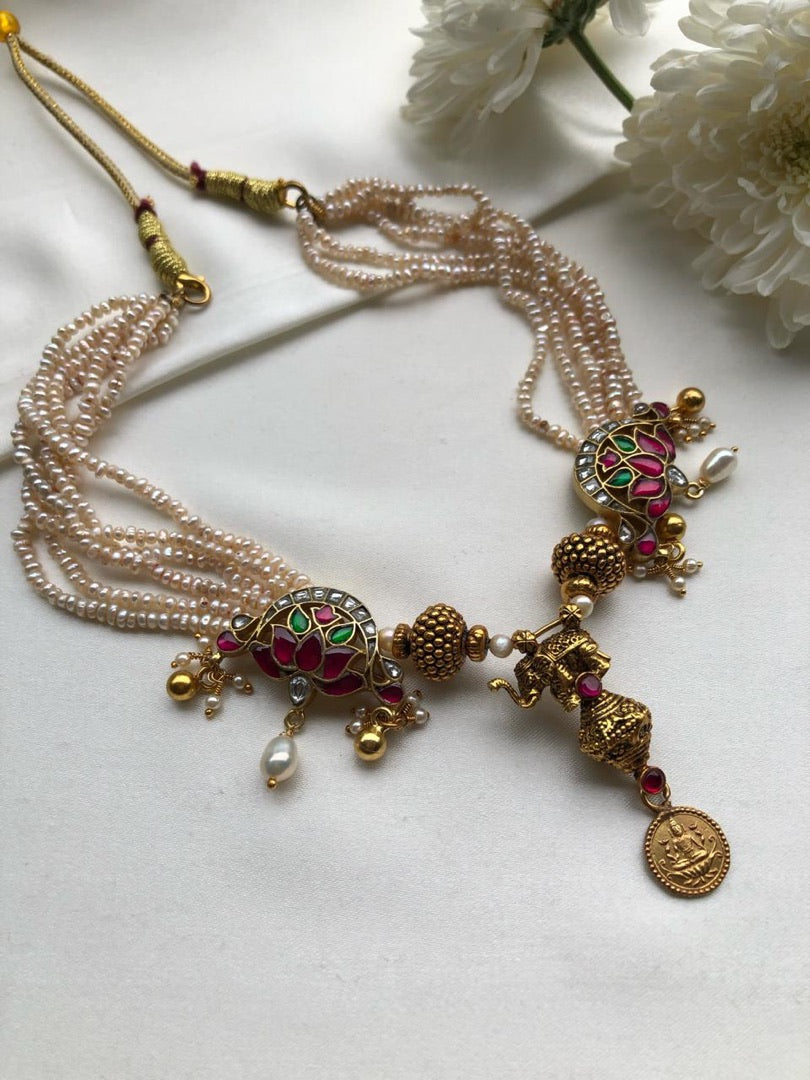 Antique style pearls with Kundan lotus and beads necklace-Silver Neckpiece-PL-House of Taamara