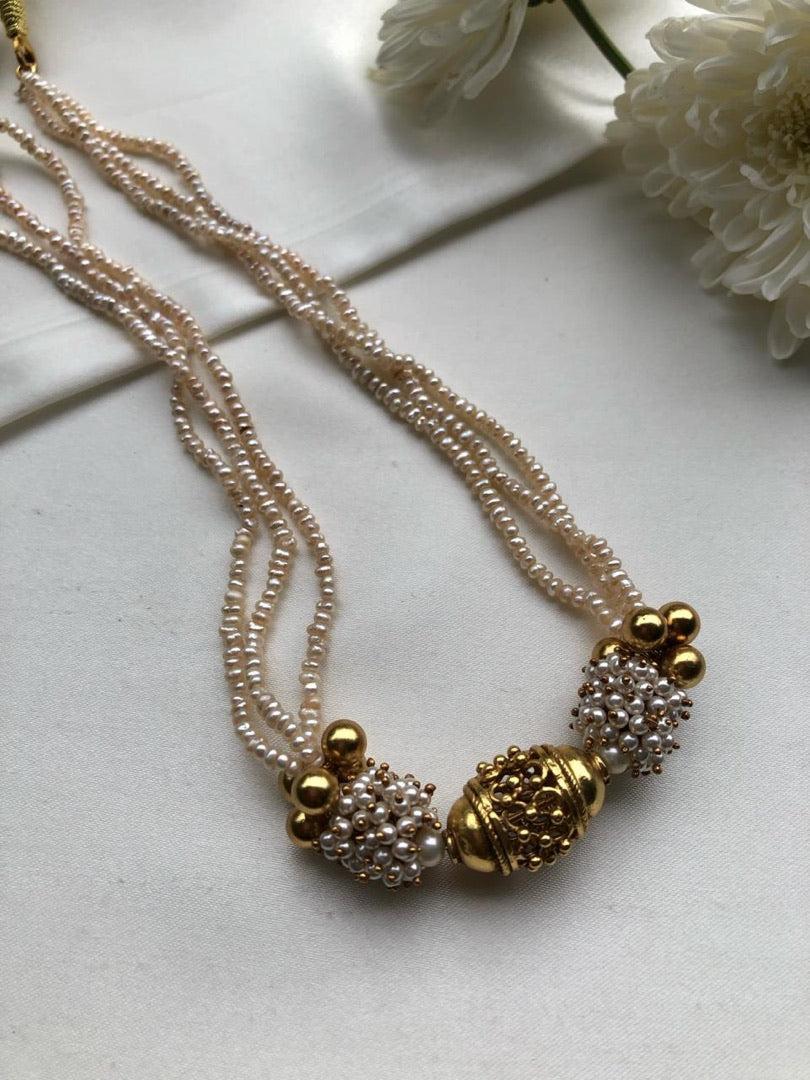 Antique style pearls with gundus beads necklace-Silver Neckpiece-PL-House of Taamara