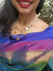 Antique style pearls with kundan beads & kasu coin layers satlada style-Silver Neckpiece-PL-House of Taamara
