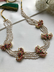 Antique style pearls with kundan peacock choker-Silver Neckpiece-PL-House of Taamara