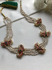 Antique style pearls with kundan peacock choker-Silver Neckpiece-PL-House of Taamara