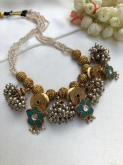 Antique style pearls with turquoise flowers & pearls jhumkas bunch-Silver Neckpiece-PL-House of Taamara