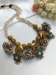 Antique style pearls with turquoise flowers & pearls jhumkas bunch-Silver Neckpiece-PL-House of Taamara