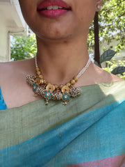 Antique style pearls with turquoise flowers & pearls jhumkas bunch-Silver Neckpiece-PL-House of Taamara